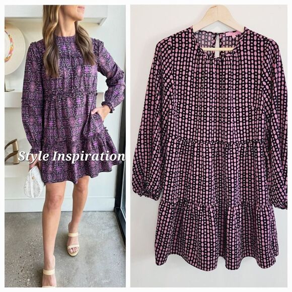 LDT Dresses & Skirts - LDT Babydoll Polka Dot Jewel Neck  Balloon Sleeve Tiered Dress Size 6